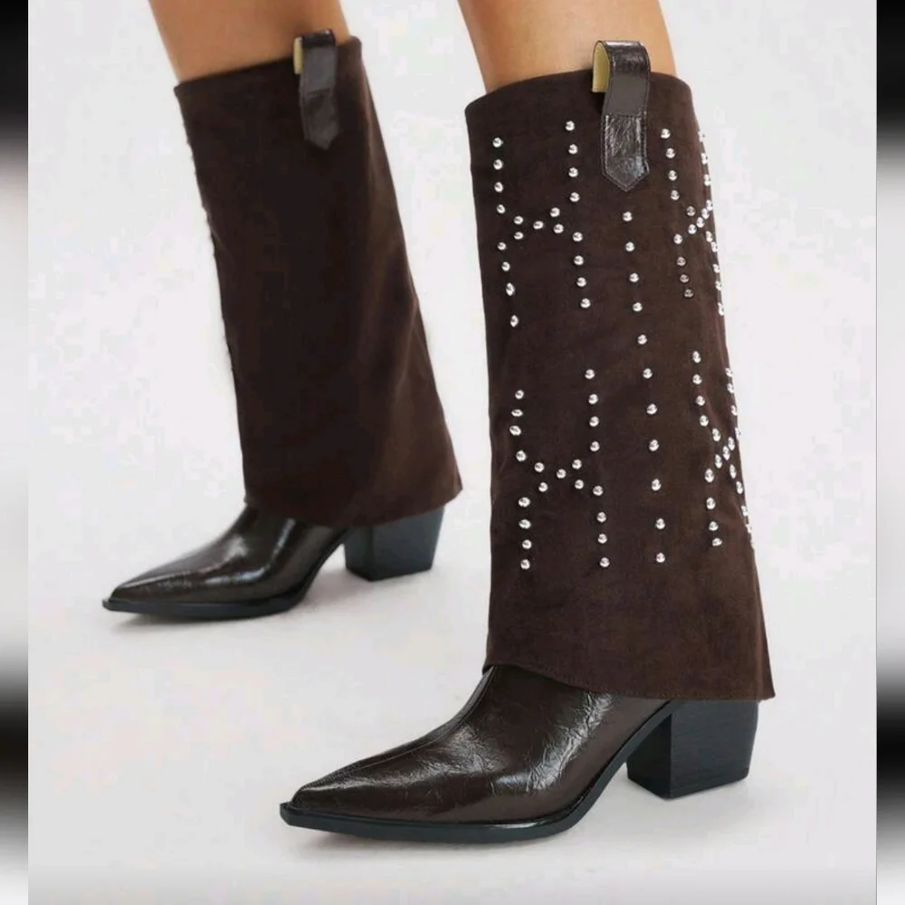 Western Style Pointed Toe Chunky Heel Cowgirl Boots,Fashion Casual Outfit For Wo - Picture 4 of 5